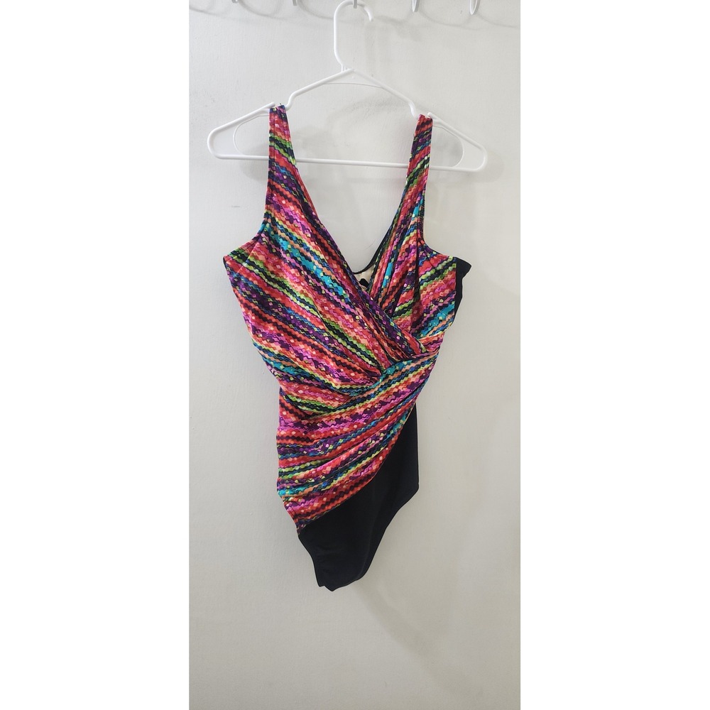 Miraclesuit Womens Multicolor Chevron Wrap One Piece Swimsuit Underwire 10DD